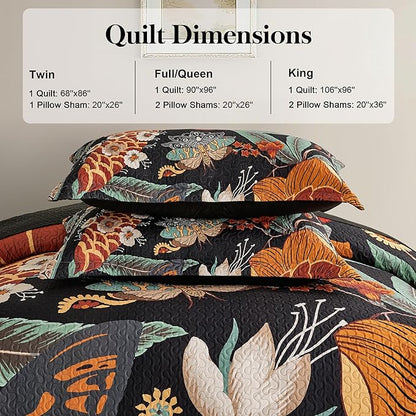 3 Piece Black Boho Floral Full/Queen Quilt Sets Reversible Farmhouse Botanical Lightweight Bedspread Coverlet with 2 Shams Butterfly Microfiber Bedding Quilts Set for All Season, 90''x96''