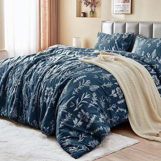 MUXHOMO Duvet Cover Full Size, Reversible Floral Navy Duvet Cover Set with Zipper Closure, 3 Pieces Botanical Patterns Soft Microfiber Bedding Set with 4 Ties (80"x90", 2 Pillow Cases)
