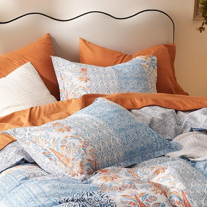 Bedsure Duvet Cover King Size - 100% Cotton Reversible Floral King Duvet Cover Set with Zipper Closure, 3 Pieces Soft & Breathable PureWoven Bohemian Blue Bedding Set with 2 Pillow Shams 20"x36"