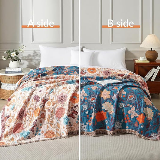Boho Throw Blanket for Bed 90”x98”, 100% Cotton Woven Blanket for Couch Sofa, Ultra Soft 4-Layer Muslin Quilt with Floral Printed, Farmhouse Bed Blanket/Cover for Living Room Decor