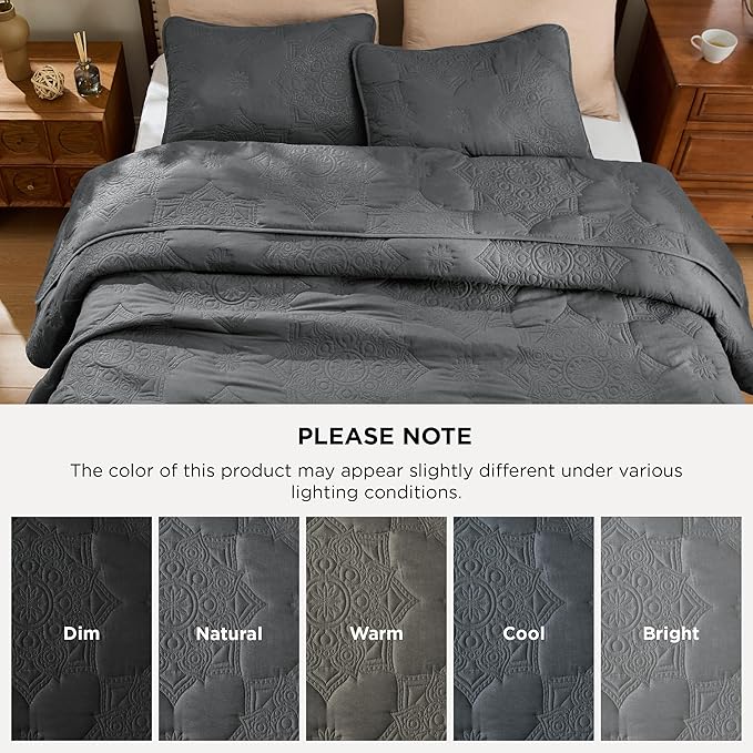 Bedsure King Quilt - Dark Grey Bedspread King Size & Lightweight Comforter, Modern Coverlet with Mandala Pattern, Ultra Soft All-Season Bedding, 106 x 96 Inches | Stitch-Free Quilting, Ultra Soft, Lightweight, Machine Washable, Pet-Friendly