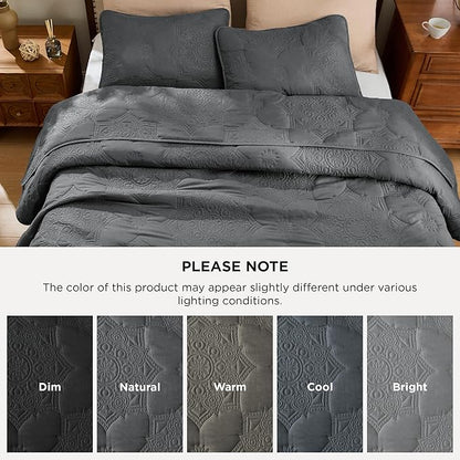 Bedsure Quilts Queen Size - Dark Grey Bedspread Queen Size & Lightweight Comforter, Modern Coverlet with Mandala Pattern, Ultra Soft All-Season Bedding, 90 x 96 Inches | Stitch-Free Quilting, Ultra Soft, Lightweight, Machine Washable, Pet-Friendly