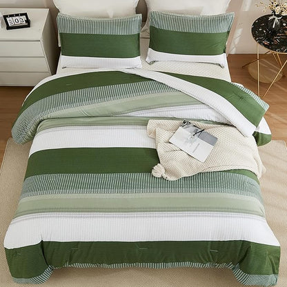 Litanika Olive Green Comforter Set Twin/Twin XL - 2 Pieces Lightweight Olive Green White Colorblock Stripe Fluffy Bedding Comforter Sets, All Season Bed Set