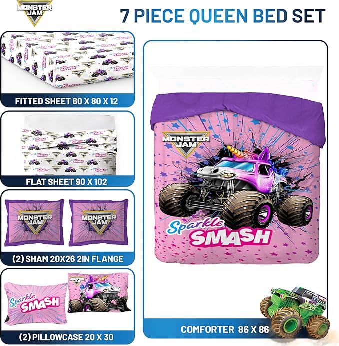 Jay Franco Kids Comforter Set Includes Sheets and Pillow Covers - Soft and Cozy Bed Set for Stylish Room Decor, Pink - Monster Jam, 7 Piece Queen Bedding