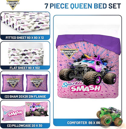 Jay Franco Kids Comforter Set Includes Sheets and Pillow Covers - Soft and Cozy Bed Set for Stylish Room Decor, Pink - Monster Jam, 7 Piece Queen Bedding