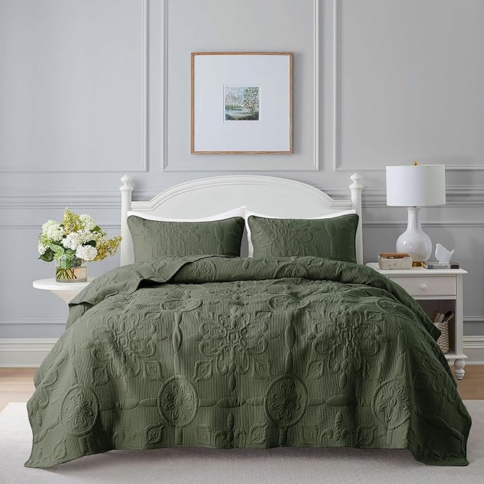 Damask Quilt Twin Size Bedding Sets with 1 Pillow Sham, Boho Bedspread Lightweight Soft Farmhouse Vintage Bohemian Coverlet Retro Jacquard Pattern Bed Cover for All Season, 2 Pieces, Moss Green