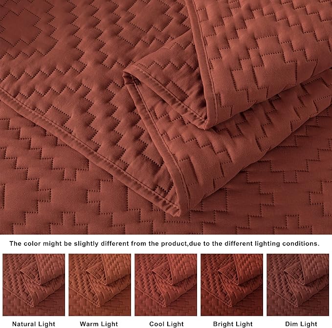 R.SHARE Burnt Orange Queen Size Quilt Bedding Sets with Pillow Shams, Boho Full Lightweight Soft Bedspread Coverlet, Quilted Blanket Thin Comforter Bed Cover for All Season, 3 Pieces, 90x90 inches