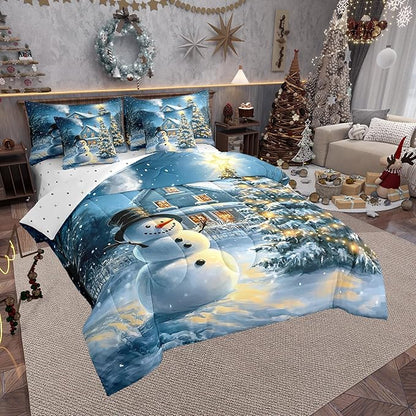 Christmas Night Full Comforter Set with Sheets Bed in a Bag 7 Pcs,Cartoon Xmas Snowman Winter Snow Bed Set,Farmhouse Style Bedding Sets with Comforter,Flat,Fitted Sheet,Pillowcases,Pillow Covers