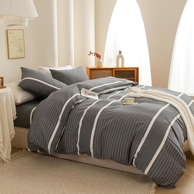 ECOCOTT Grey Striped Duvet Cover Oversized King Size, 100% Washed Cotton 3-Piece Bedding Set - Ultra Soft, Breathable & Easy Care with Zipper Closure and 2 Pillowcases, No Comforter
