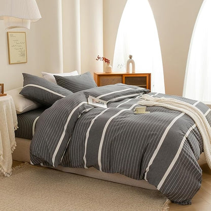 ECOCOTT 3 Pieces Duvet Cover Set King 100% Washed Cotton 1 Duvet Cover with Zipper and 2 Pillowcases, Ultra Soft and Easy Care Breathable Cozy Simple Style Bedding Set(Grey Stripes)