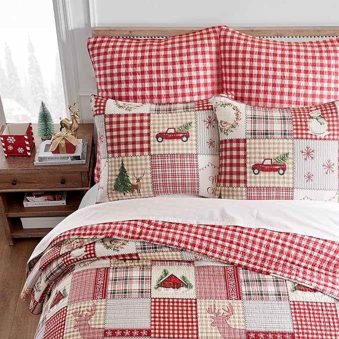 Levtex Home - Home for Christmas Quilt Set - Twin/Twin XL Holiday Quilt 68x86 and One Standard Pillow Sham 20x26 - Green, Red, Taupe and Cream - Reversible - Cotton/Polyester