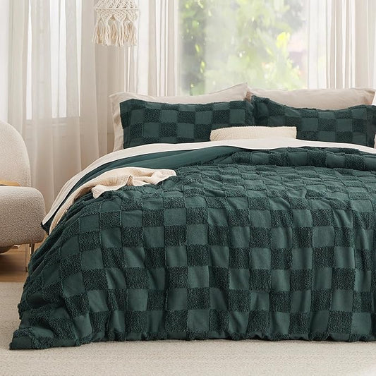 Bedsure Queen Size Comforter Set Emerald, Boho Tufted Bed Set, Checkered Farmhouse Shabby Chic Bedding, 3 Pieces, 1 Plaid Geometric Comforter and 2 Pillow Shams