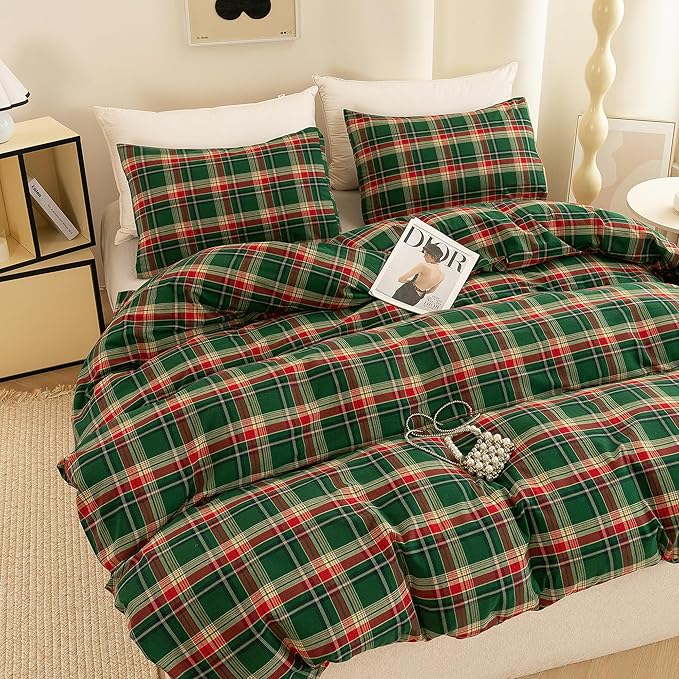 ECOCOTT Buffalo Plaid Duvet Cover King Size– 3 Piece Green Checkered Bedding Set, 100% Washed Cotton, Soft Breathable Reversible Design with Zipper Closure & Corner Ties