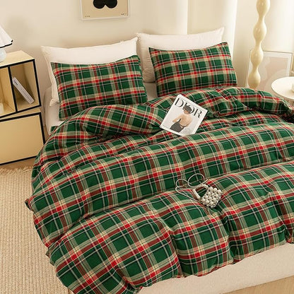 ECOCOTT Buffalo Plaid Duvet Cover King Size– 3 Piece Green Checkered Bedding Set, 100% Washed Cotton, Soft Breathable Reversible Design with Zipper Closure & Corner Ties