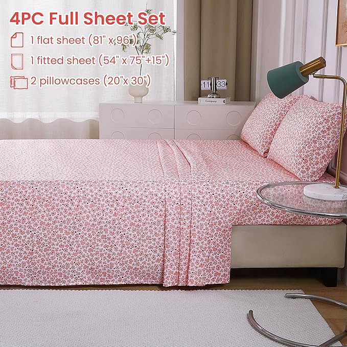 Softan Pink Floral Full Sheet Set, Cozy Microfiber Leopard Printed Fitted Bed Sheet with 15" Deep Pockets & Non-Slip Straps, Cute Girls Patterned Double Sheets & Pillowcase Set