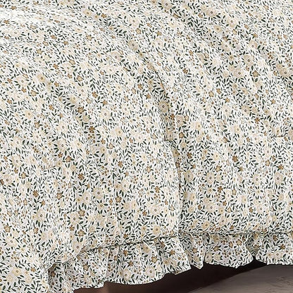 Full Comforter Set - 7 Pieces Ruffle Beige Ditzy Bedding Sets, Shabby Chic Farmhouse Bed in a Bag Full with Floral Comforter, Sheets, Pillowcases & Shams