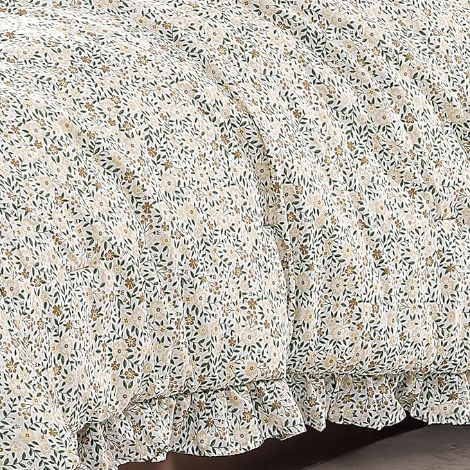 King Comforter Set - 7 Pieces Ruffle Beige Ditzy Bedding Sets, Shabby Chic Farmhouse Bed in a Bag King with Floral Comforter, Sheets, Pillowcases & Shams