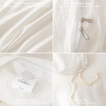 ECOCOTT White Duvet Cover Full Size, 100% Washed Cotton 1 Duvet Cover with Zipper and 2 Pillowcases, Ultra Soft and Easy Care Breathable Bedding Set (White, Full)