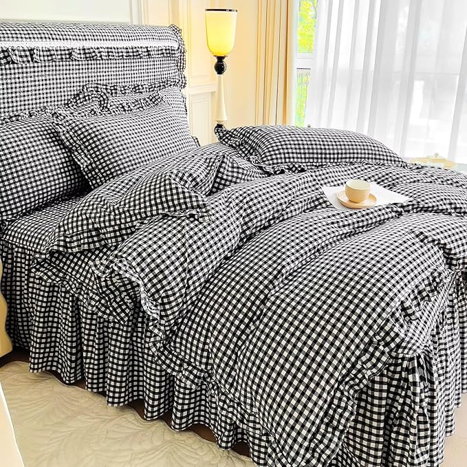 mixinni Vintage Black Gingham Ruffle Comforter Set 3-Piece Washed Cotton Twin XL Size Grid Bedding Set with Geometric Checkered Pattern, Farmhouse Chic Soft Fluffy Comforter for All-Season
