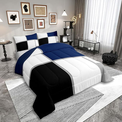 Erosebridal Geometric Comforter Set Queen Size for Adults Teens,Black and White Abstract Bedding,Navy Blue Striped Grid Quilt for Minimalist,Modern Art Patchwork Bedding Comforter Sets