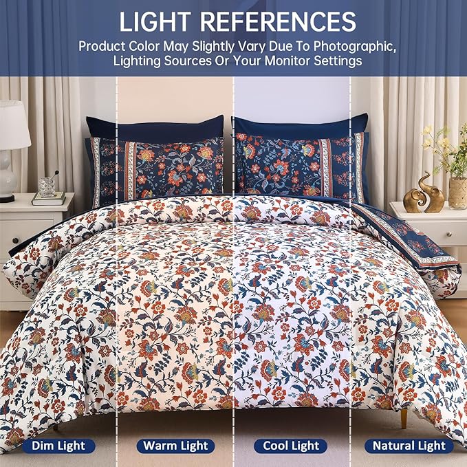 Dinjoy Comforter Set King Size Boho, Reversible Navy Bedding Paisley Floral 7 Piece Bed in a Bag Soft Lightweight Bohemain Comforters with Sheet Sets for All Season