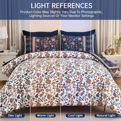 Dinjoy Comforter Set King Size Boho, Reversible Navy Bedding Paisley Floral 7 Piece Bed in a Bag Soft Lightweight Bohemain Comforters with Sheet Sets for All Season