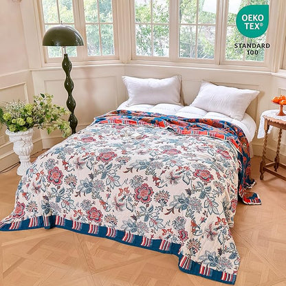 MSGKV Boho Throw Blanket 50"x60" 100% Cotton Floral Blanket for Couch Sofa Spring Breathable Lightweight Blankets All Seasons Home Decor Muslin