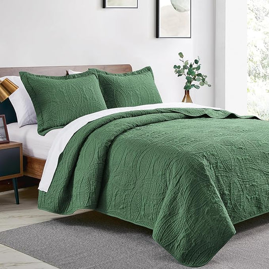 Love's cabin Quilts for Full Bed Olive Green Bedspreads Bedding Set - Lightweight Bedspread Comforter - Coin Pattern Bedding Coverlet for All Season - 3 Pieces (1 Quilt, 2 Pillow Shams)