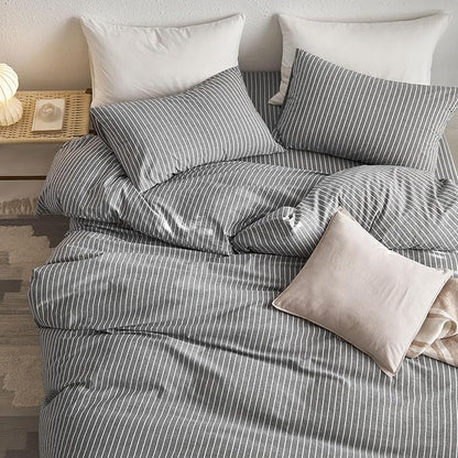 MooMee Striped Duvet Cover Set 100% Washed Cotton Linen Like Textured Breathable Durable Soft Comfy (Dark Grey White Wide Stripes, Alaska King 132"x120")