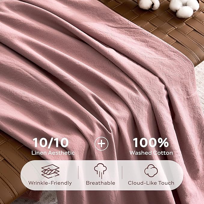 JELLYMONI 100% Washed Cotton Duvet Cover Full – Soft, Breathable Linen-Look Bedding with Natural Wrinkle Texture, Button Closure, 3-Piece Set (Darker Rose, 80"x90")