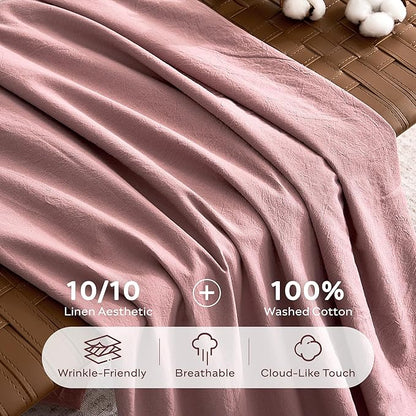 JELLYMONI 100% Washed Cotton Duvet Cover Full – Soft, Breathable Linen-Look Bedding with Natural Wrinkle Texture, Button Closure, 3-Piece Set (Darker Rose, 80"x90")