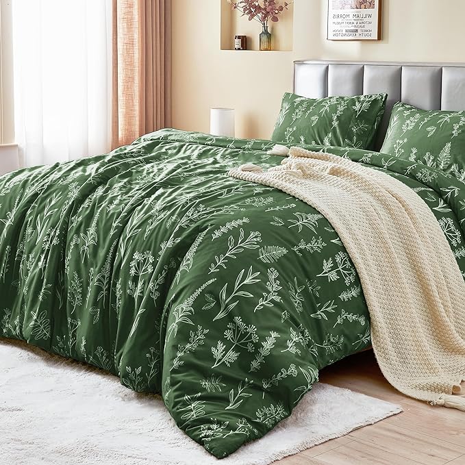 MUXHOMO Duvet Cover Full Size, Reversible Floral Dark Green Duvet Cover Set with Zipper Closure, 3 Pieces Botanical Patterns Soft Microfiber Bedding Set with 4 Ties (80"x90", 2 Pillow Cases)