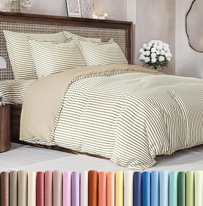 Duvet Cover King Size Set - Extra Soft King Duvet Cover 104" x 90" with 2 Pillow Shams - Hotel Luxury, Easy Care, Fade Free with Zipper Closures & Ties - All Season, Comfy & Breathable (Beige Stripes)