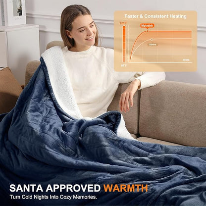 Electric Blanket 62X84in Heated Blanket Twin Size - Fleece Heating Blanket Washable with 5 Heating Level & 10 Hour Auto Off for Office, Chair Heated Blanket for Winter, Great Gift Ideas(Navy Blue)