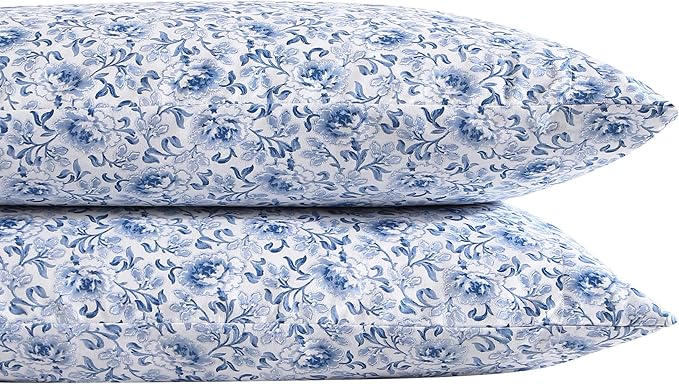 Laura Ashley Home - Standard Pillowcase Set, Cotton Sateen Bedding, Smooth & Wrinkle-Resistant (Lorelei Dark Blue, 2 Piece)