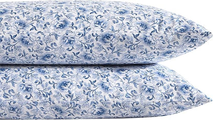 Laura Ashley Home - Standard Pillowcase Set, Cotton Sateen Bedding, Smooth & Wrinkle-Resistant (Lorelei Dark Blue, 2 Piece)