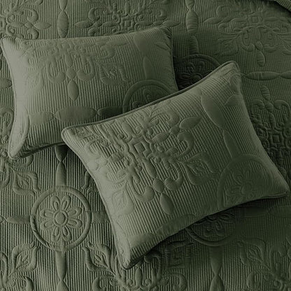 Damask Quilt Twin Size Bedding Sets with 1 Pillow Sham, Boho Bedspread Lightweight Soft Farmhouse Vintage Bohemian Coverlet Retro Jacquard Pattern Bed Cover for All Season, 2 Pieces, Moss Green