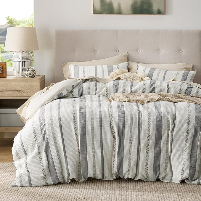 Bedsure Waffle Weave Duvet Cover Queen - 100% Cotton Boho Duvet Cover Set with 2 Pillowcases - Extra Soft Cream White Textured Comforter Cover with Zipper Closure (Queen, 90"x90")