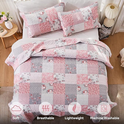Oversized Alaska King Size Quilt Set Pink Grey Floral Plaid Patchwork Quilt 132x120 Extra Wide Super Reversible Quilted Bedspread Coverlet 3-Piece Comforter Bedding Set Bed Cover with 2 Pillow Shams | Oversized King Quilt, Alaska King Quilt, Pink Patch...