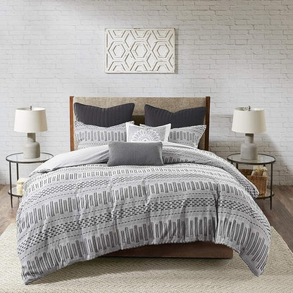 INK+IVY Rhea 100% Cotton Duvet Set Mid Century Modern Boho Design, All Season Comforter Cover Bedding Set, Matching Shams, King/Cal King, Geometric Clipped Jacquard Grey 3 Piece