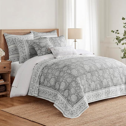 Levtex Home Adare Grey Reversible Twin/Twin XL Quilt Set (68x86in) with 1 Pillow Sham (26x20in) - Floral Bedding - Grey White - Cotton Twin Size Quilt Bedding Set - Lightweight, Soft, Pre-Washed