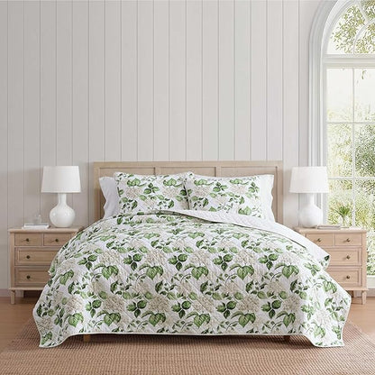 Martha Stewart - Queen Quilt Set, 100% Soft Cotton Floral Bedding for Year Round Comfort, 3 Piece Bed Set with Matching Pillowcases (Hydrangea Floral Beige)