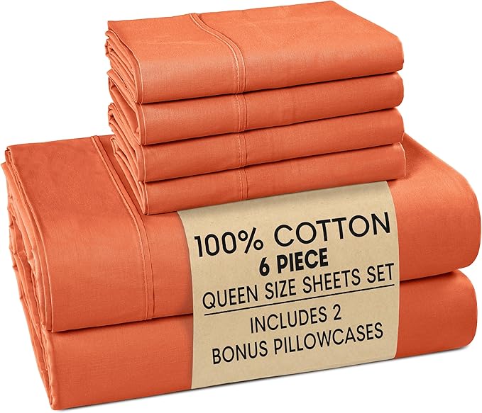 Casa Platino 100% Cotton Sheets Queen – Breathable Crisp Percale Queen Mattress Sheets with 4 Pillowcases, 15" Deep Pocket Fitted Sheet, Ultra Soft & Cozy Feel for Great Nights Sleep – Rust
