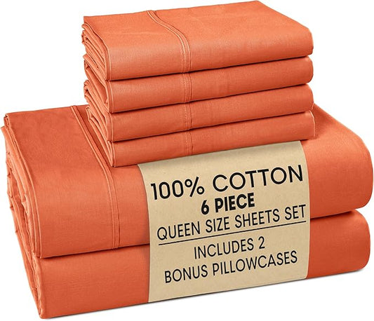 Casa Platino 100% Cotton Sheets Queen – Breathable Crisp Percale Queen Mattress Sheets with 4 Pillowcases, 15" Deep Pocket Fitted Sheet, Ultra Soft & Cozy Feel for Great Nights Sleep – Rust