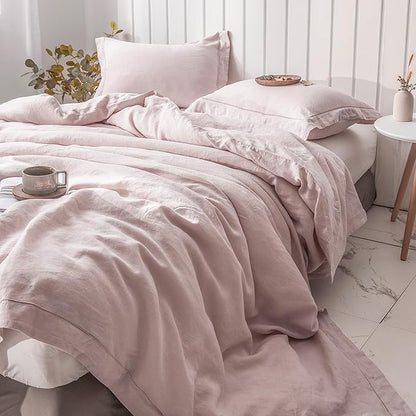 Simple&Opulence 100% Washed Linen Duvet Cover with Embroidered, 2 Pieces Soft Farmhouse Comforter Set with Button Closure,1 Duvet Cover and 1 Pillowsham(Twin,Dusty Pink)