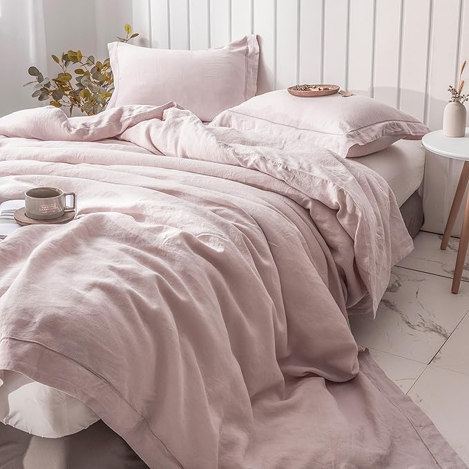 Simple&Opulence 100% Washed Linen Duvet Cover with Embroidered, 3 Pieces Soft Farmhouse Comforter Set with Button Closure,1 Duvet Cover and 2 Pillowshams(Full,Dusty Pink)