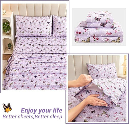 Softan Floral King Bed Sheets, Purple Paisley Flower Printed Sheet Set - Brushed Microfiber King Fitted Sheet with 15" Deep Pocket and Corner Straps, Butterfly Patterned Sheet & Pillowcase Sets