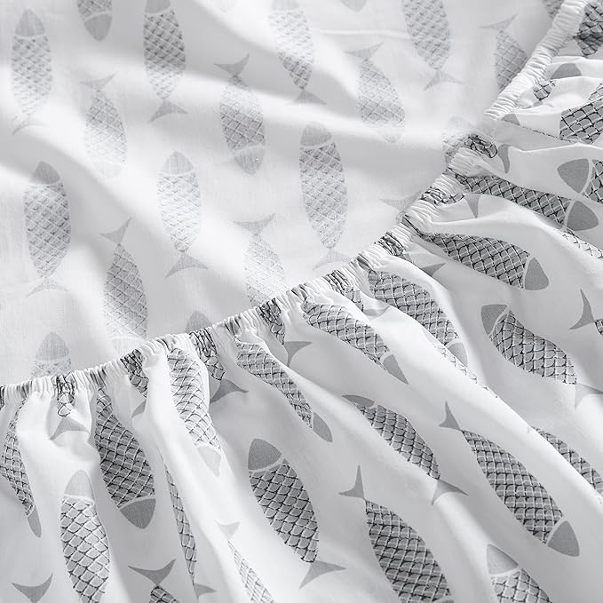 Nautica - Queen Sheets, Cotton Percale Bedding Set, Crisp & Cool, Coastal Home Decor (Woodblock Fish Grey, Queen)