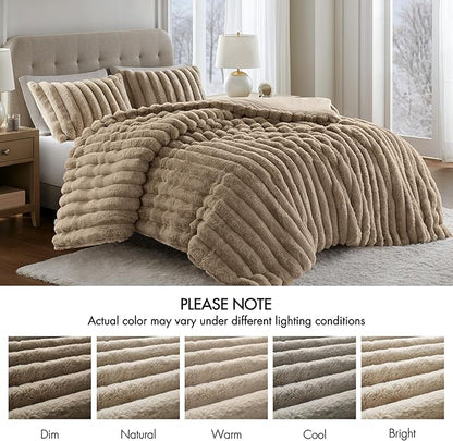 Madison Park Jasmine King Comforter Set, Luxurious Reversible Faux Fur Plush Ribbed Velvet Bedding, Fuzzy Thick Warm Winter Comforter, Super Soft Fluffy 3-Piece Set Taupe
