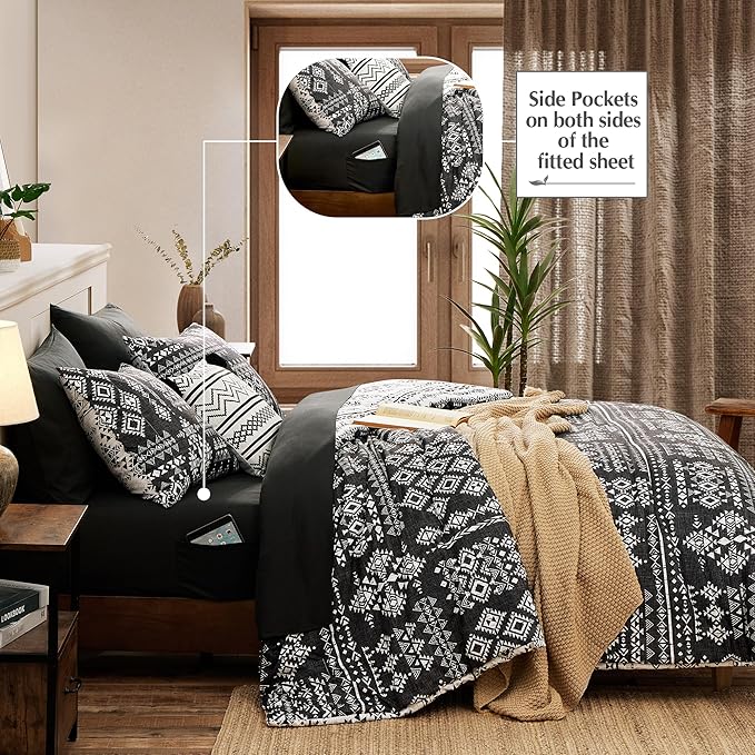 Geniospin King Size Comforter Set- 7 Pieces Boho Bed in a Bag, Western Bedding Set for All Seasons, Reversible Aztec Bedding, Lightweight Comforter Bed Set with Sheets, Pillowcases & Shams